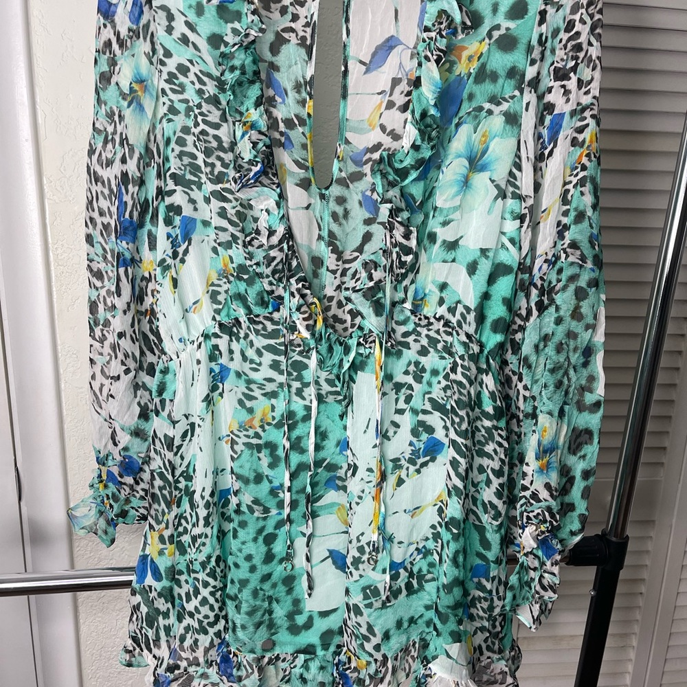 Guess Ruffled Tie Front Long Sleeve Blouse in Blue and Green
